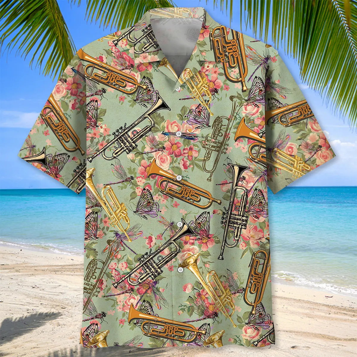 Vintage Trumpet Hawaiian Shirt For Summer Vacation, Beach Travel, And Casual Wear