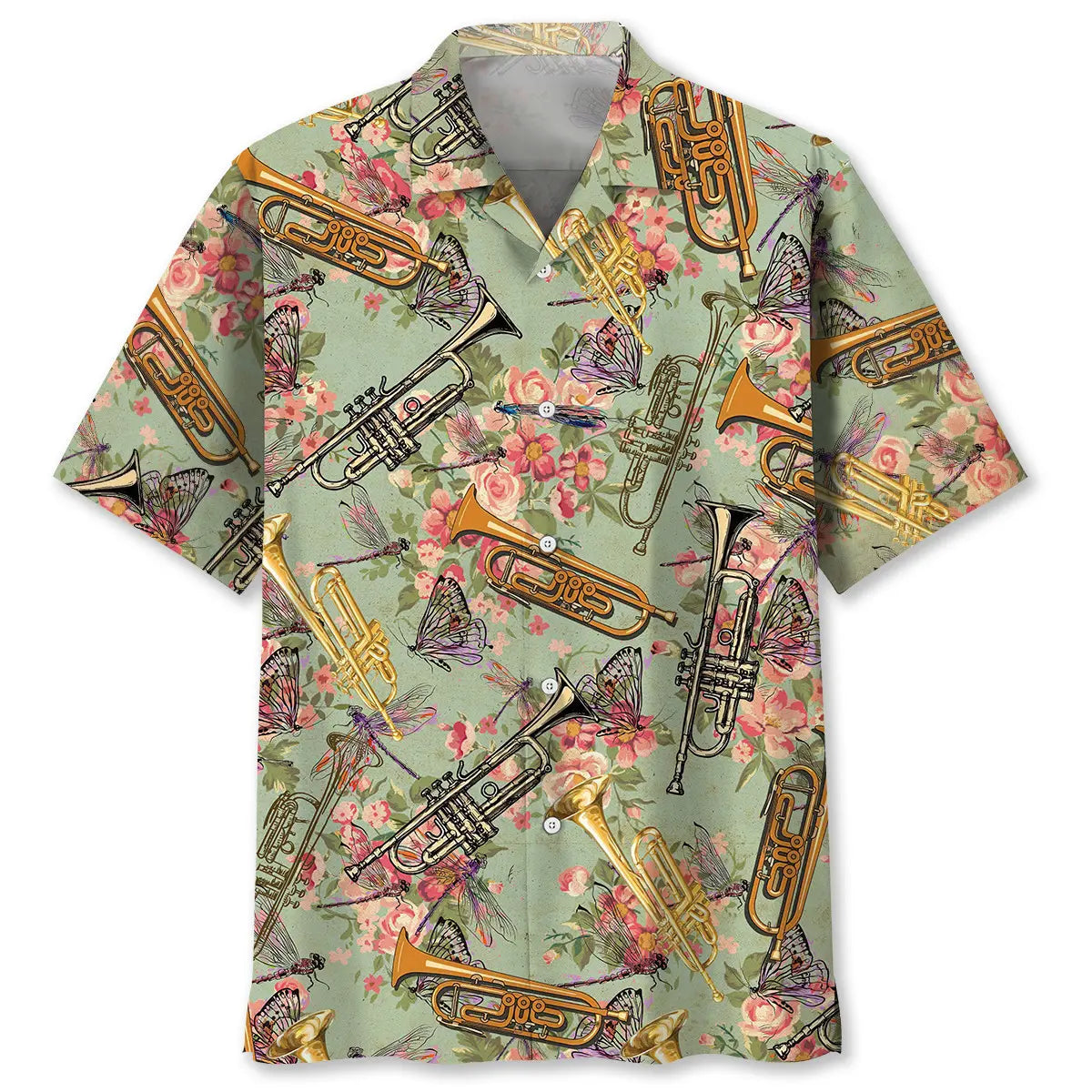 Vintage Trumpet Hawaiian Shirt For Summer Vacation, Beach Travel, And Casual Wear