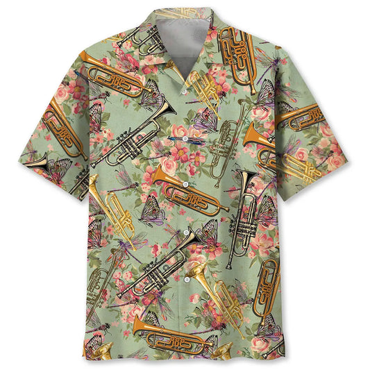 Vintage Trumpet Hawaiian Shirt For Summer Vacation, Beach Travel, And Casual Wear