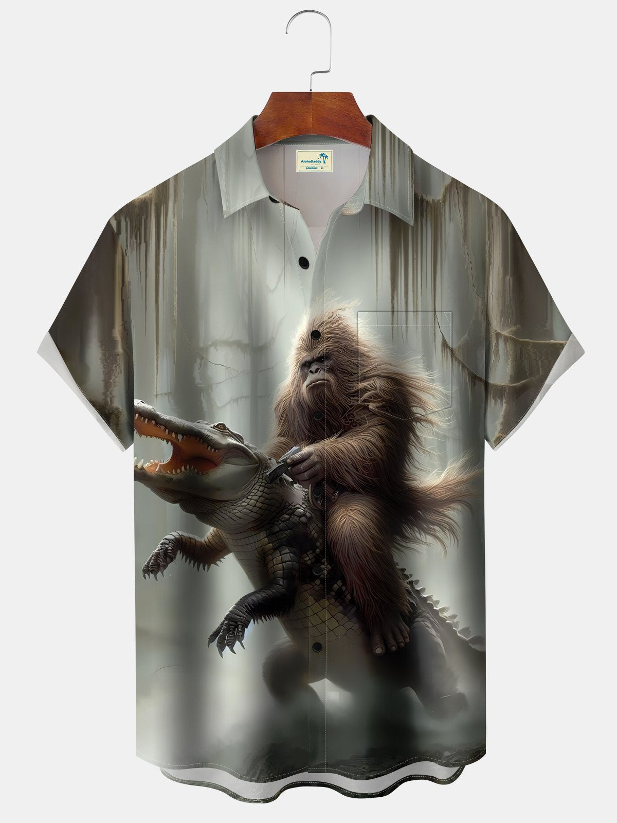 Vintage Vacation Dinosaur Bigfoot Forest Hawaiian Shirt For Coastal Travel, Casual Events, And Comfortable Summer Wear