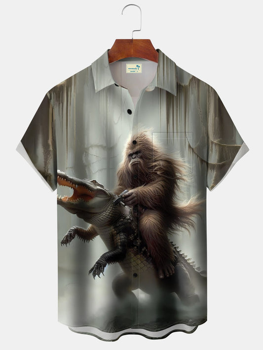 Vintage Vacation Dinosaur Bigfoot Forest Hawaiian Shirt For Coastal Travel, Casual Events, And Comfortable Summer Wear