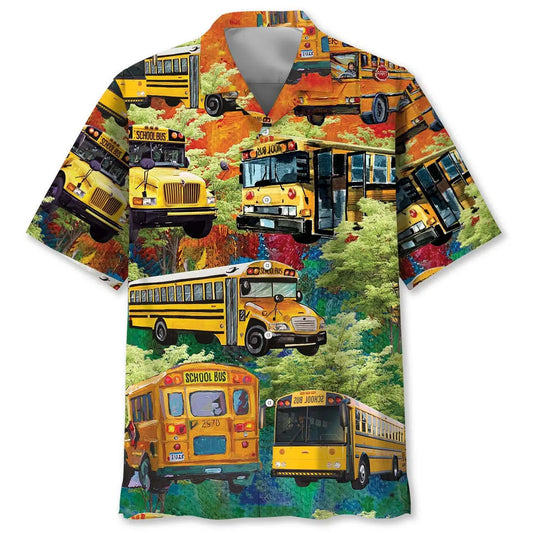 Vintage Water Colorful School Bus Hawaiian Shirt For Summer Gathering, Tropical Retreat, And Thoughtful Gifting
