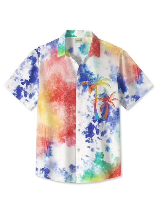 Vintage Watercolor Ombre Tie Dye Coconut Tree Hawaiian Shirt For Summer Vacation, Beach Travel, And Casual Wear