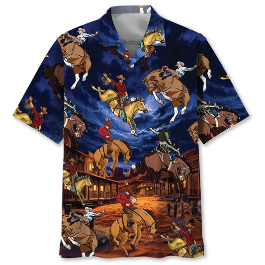 Vintage Wild West Cowboy Rodeo Show Hawaiian Shirt For Coastal Travel, Casual Events, And Comfortable Summer Wear