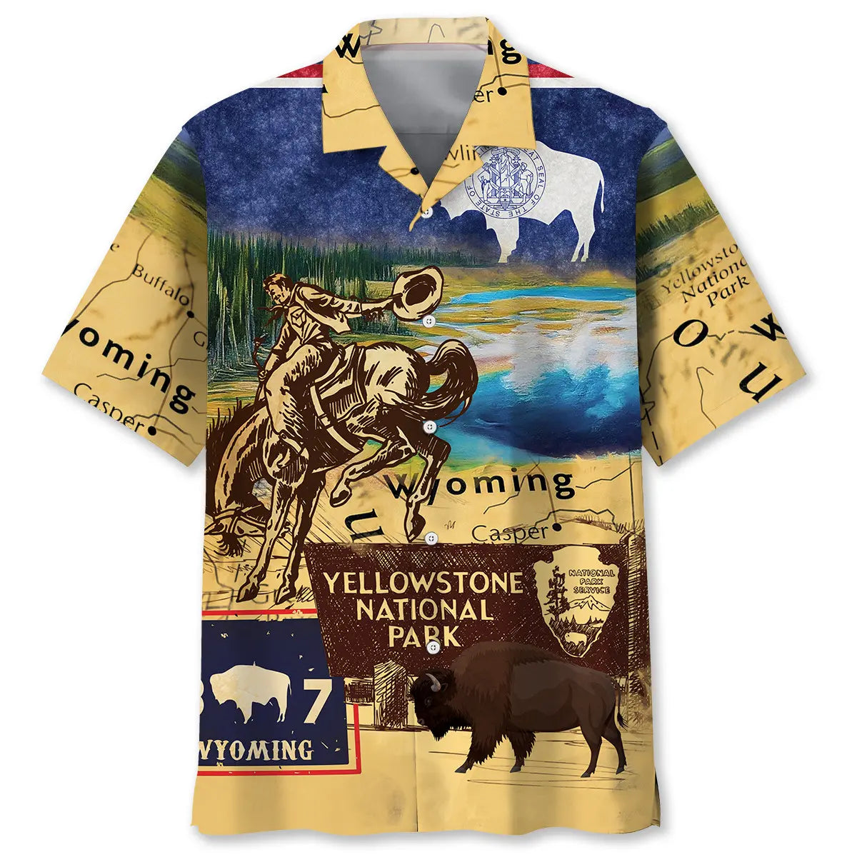 Vintage Wyoming Heritage Hawaiian Shirt For Resort Trips, Coastal Parties, And Warm Weather Style
