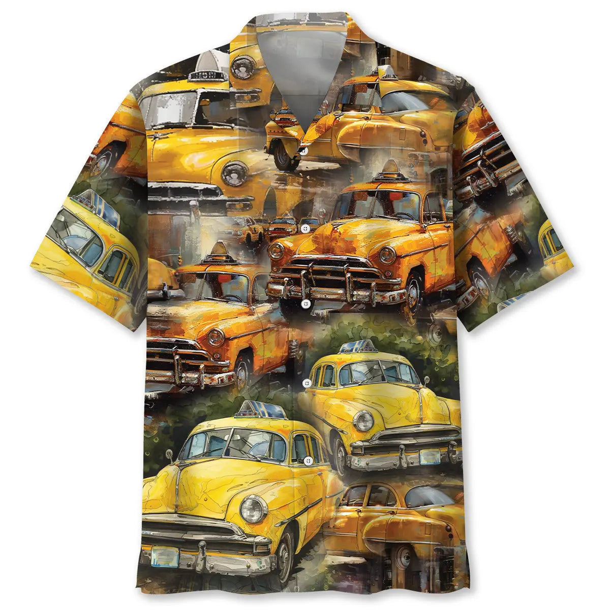 Vintage Yellow Taxi Hawaiian Shirt For Seasonal Celebration, Summer Vacation, And Casual Wear