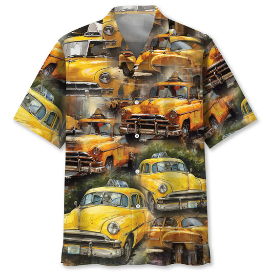 Vintage Yellow Taxi Hawaiian Shirt For Seasonal Celebration, Summer Vacation, And Casual Wear