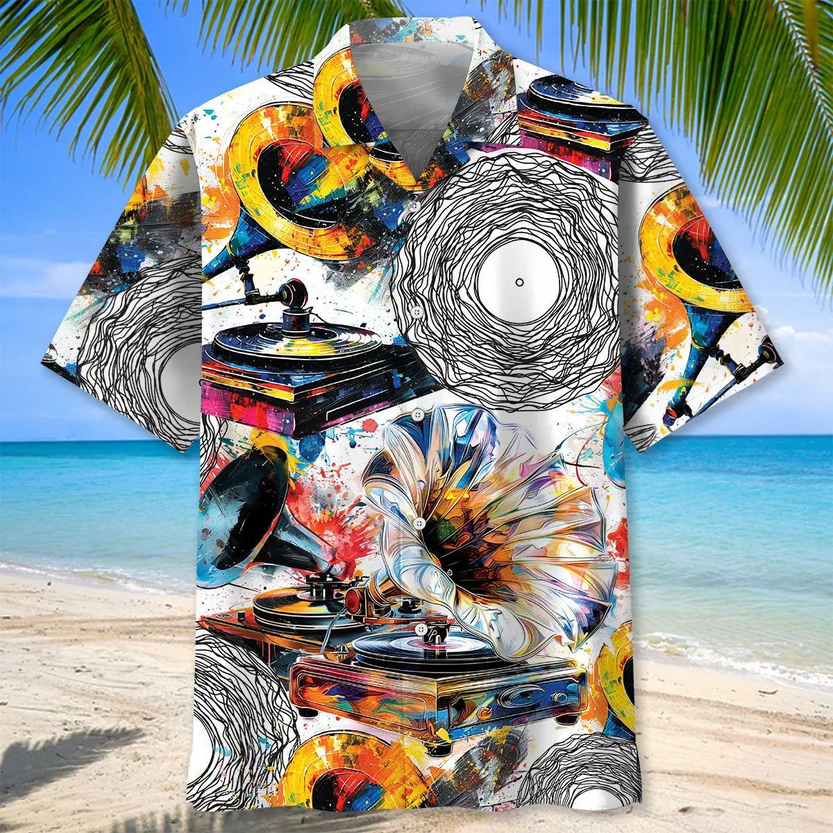 Abstract Vinyl Record Hawaiian Shirt For Summer Vacation, Beach Travel, And Casual Wear
