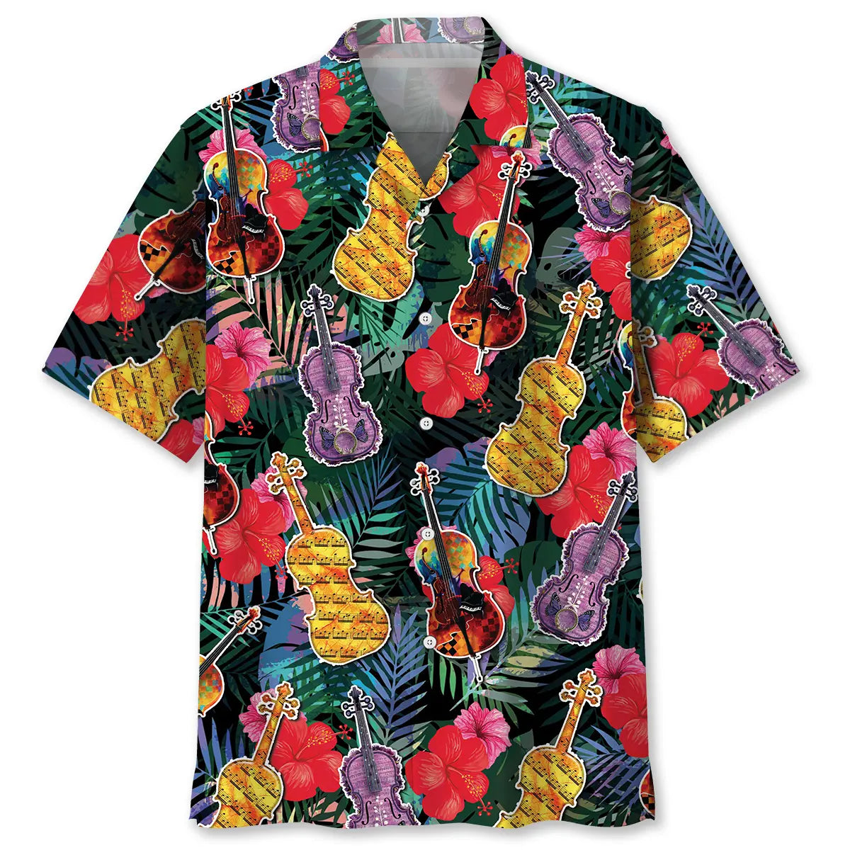 Tropical Violin Hawaiian Shirt For Resort Trips, Coastal Parties, And Warm Weather Style