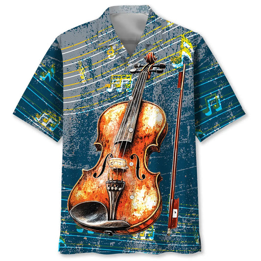 Vintage Violin Blue Hawaiian Shirt For Coastal Travel, Casual Events, And Comfortable Summer Wear