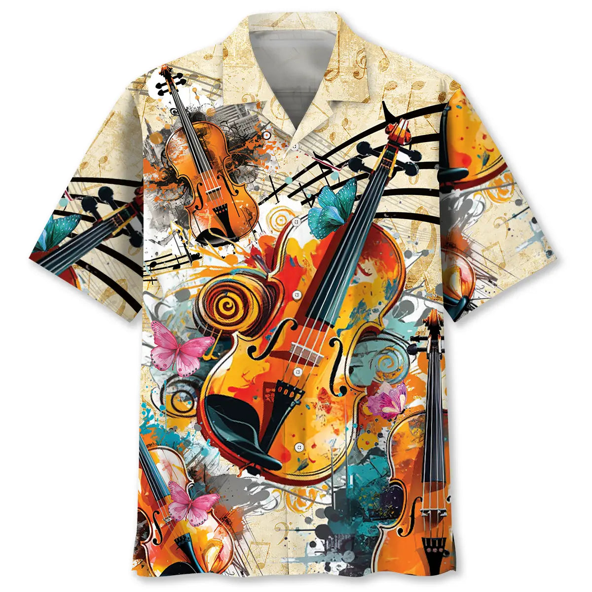 Vintage Violin Hawaiian Shirt For Resort Trips, Coastal Parties, And Warm Weather Style