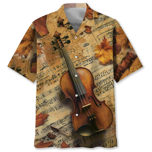 Vintage Violin Maple Leaf Hawaiian Shirt For Resort Trips, Coastal Parties, And Warm Weather Style