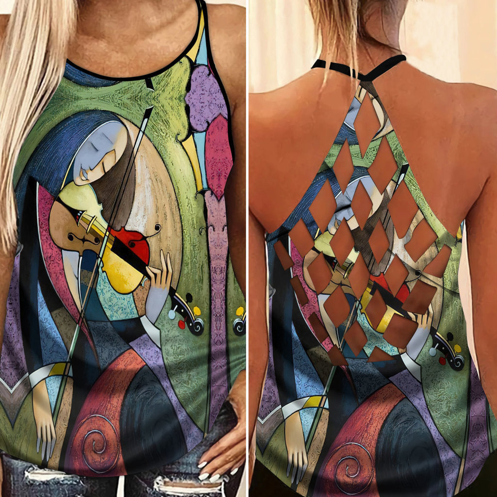 Violin Love And Life Hollow Tank Top For Studio Rehearsals And Daily Comfort