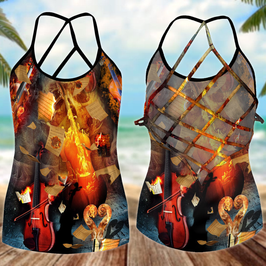 Violin Love And Life Hollow Tank Top For Dance Sessions And Casual Style