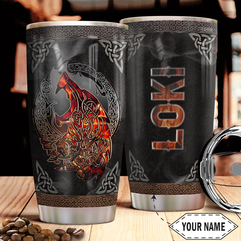 Viking Wolf Fire And Black Personalized 20 Oz Tumbler For Coffee Travel And Daily Drinks