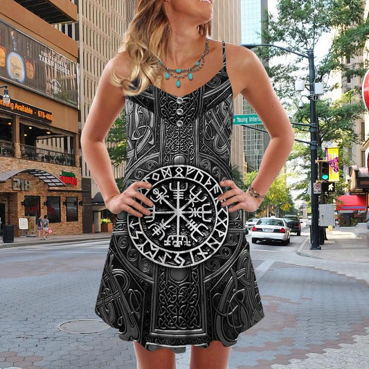 Viking Sign V-Neck Sleeveless Cami Dress For Summer Vacations And Casual Everyday Wear