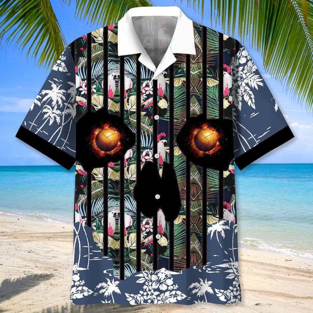 Floral Volleyball Skull Hawaiian Shirt For Creative Adventures, Beach Travel, And Bold Warm Weather Wear