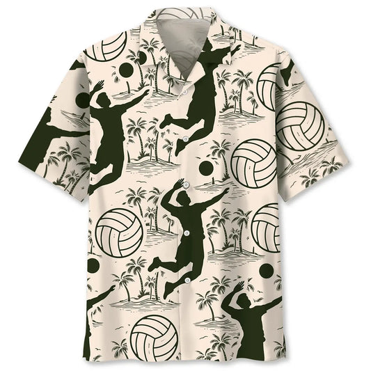 Volleyball Palm Tree Hawaiian Shirt For Tropical Holidays, Resort Trips, And Relaxed Coastal Style