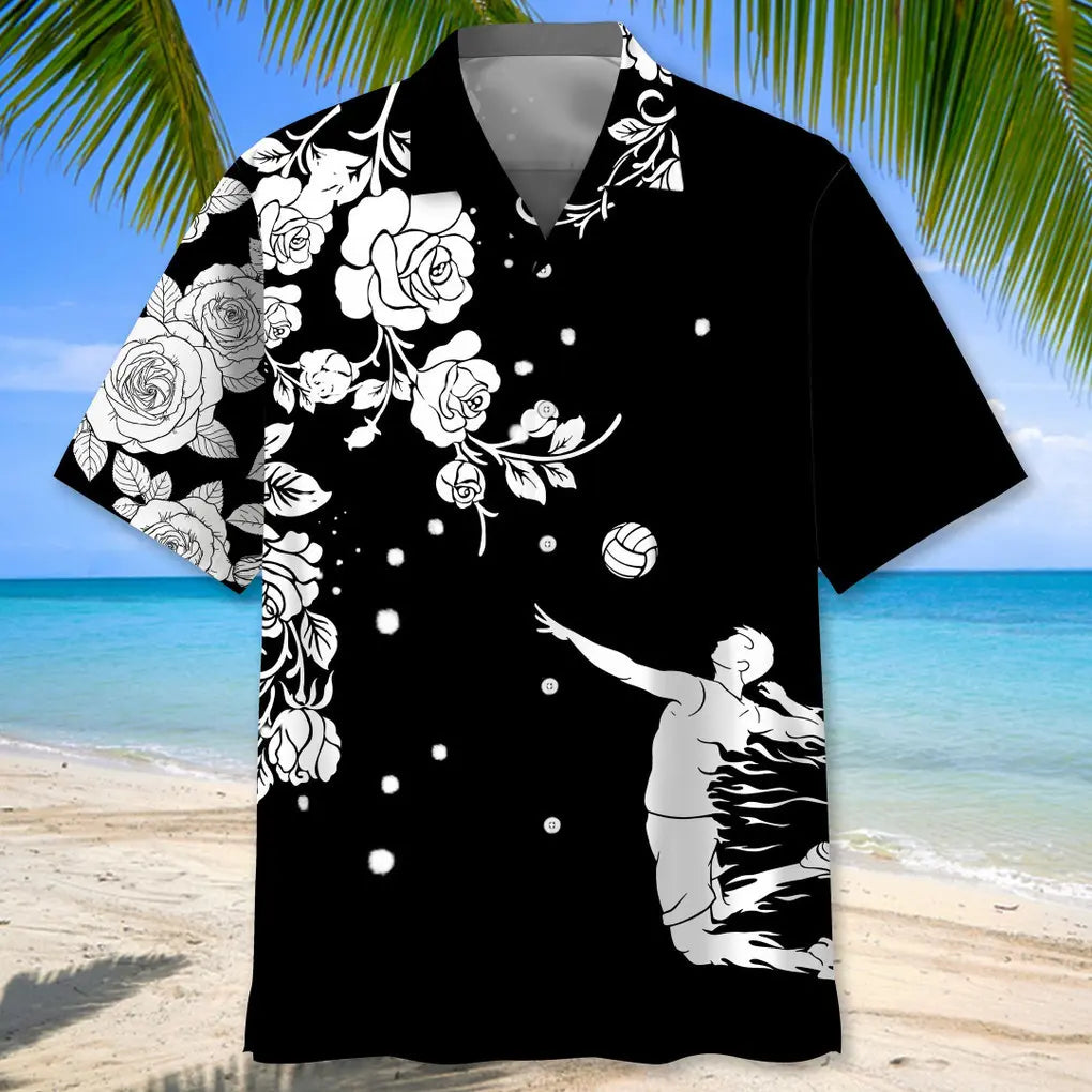 Volleyball Rose Black White Hawaiian Shirt For Summer Vacation, Beach Travel, And Casual Wear