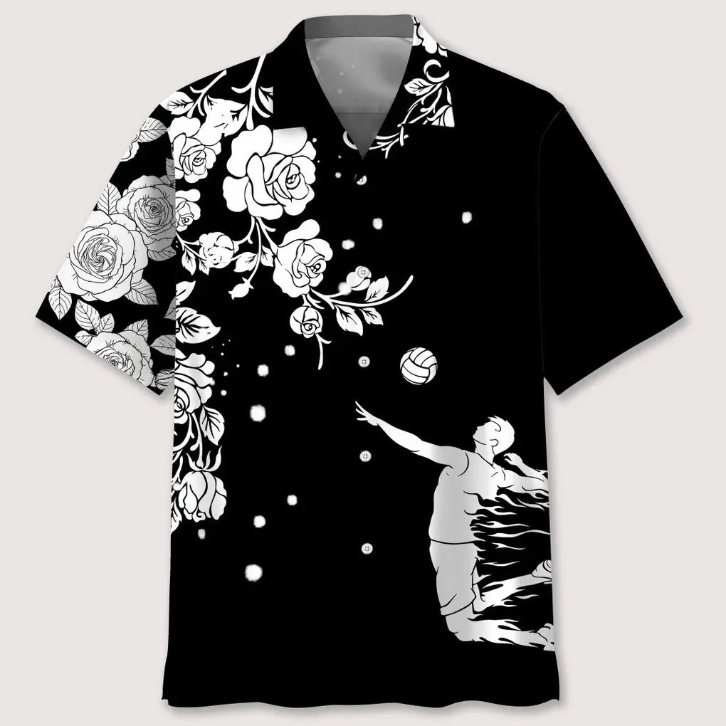 Volleyball Rose Black White Hawaiian Shirt For Summer Vacation, Beach Travel, And Casual Wear