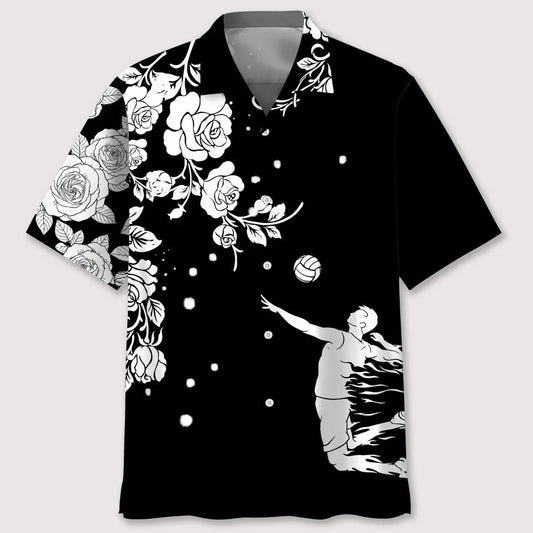 Volleyball Rose Black White Hawaiian Shirt For Summer Vacation, Beach Travel, And Casual Wear