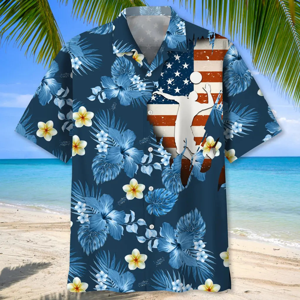 American Tropical Summer Volleyball Blue Hawaiian Shirt For Summer Celebrations, Resort Days, And Relaxed Everyday Wear