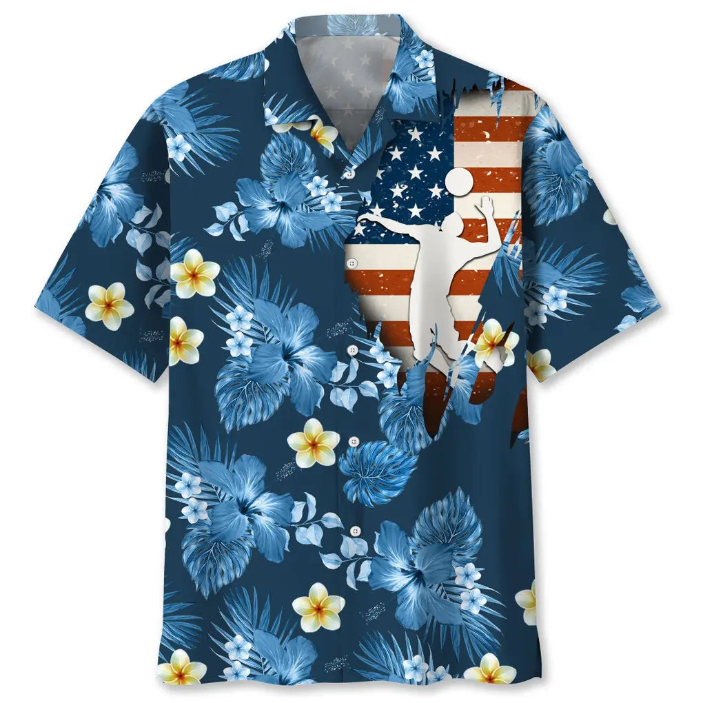 American Tropical Summer Volleyball Blue Hawaiian Shirt For Summer Celebrations, Resort Days, And Relaxed Everyday Wear