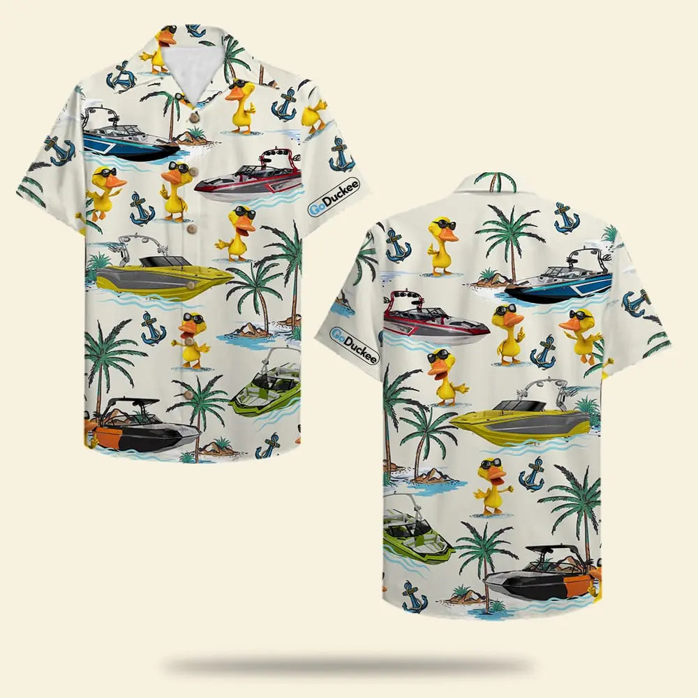 Island Summer Wakeboarding Duck Aloha Wakeboard Boat Hawaiian Shirt For Summer Vacation, Beach Travel, And Casual Wear