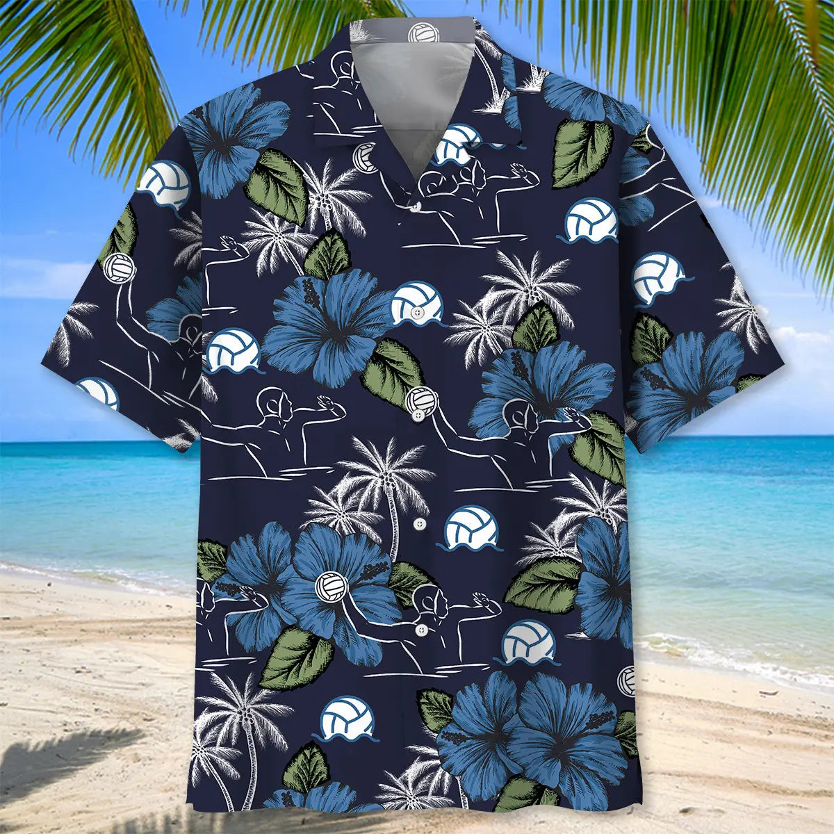 Water Polo Blue Nature Hawaiian Shirt For Outdoor Event, Warm Weather Outing, And Everyday Comfort