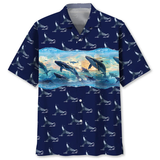 Whale Tail Hawaiian Shirt For Summer Vacation, Beach Travel, And Casual Wear