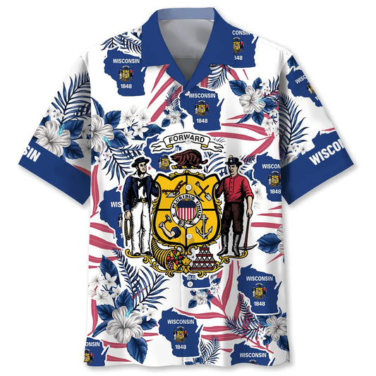 Wisconsin Heritage Hawaiian Shirt For Summer Vacation, Beach Travel, And Casual Wear