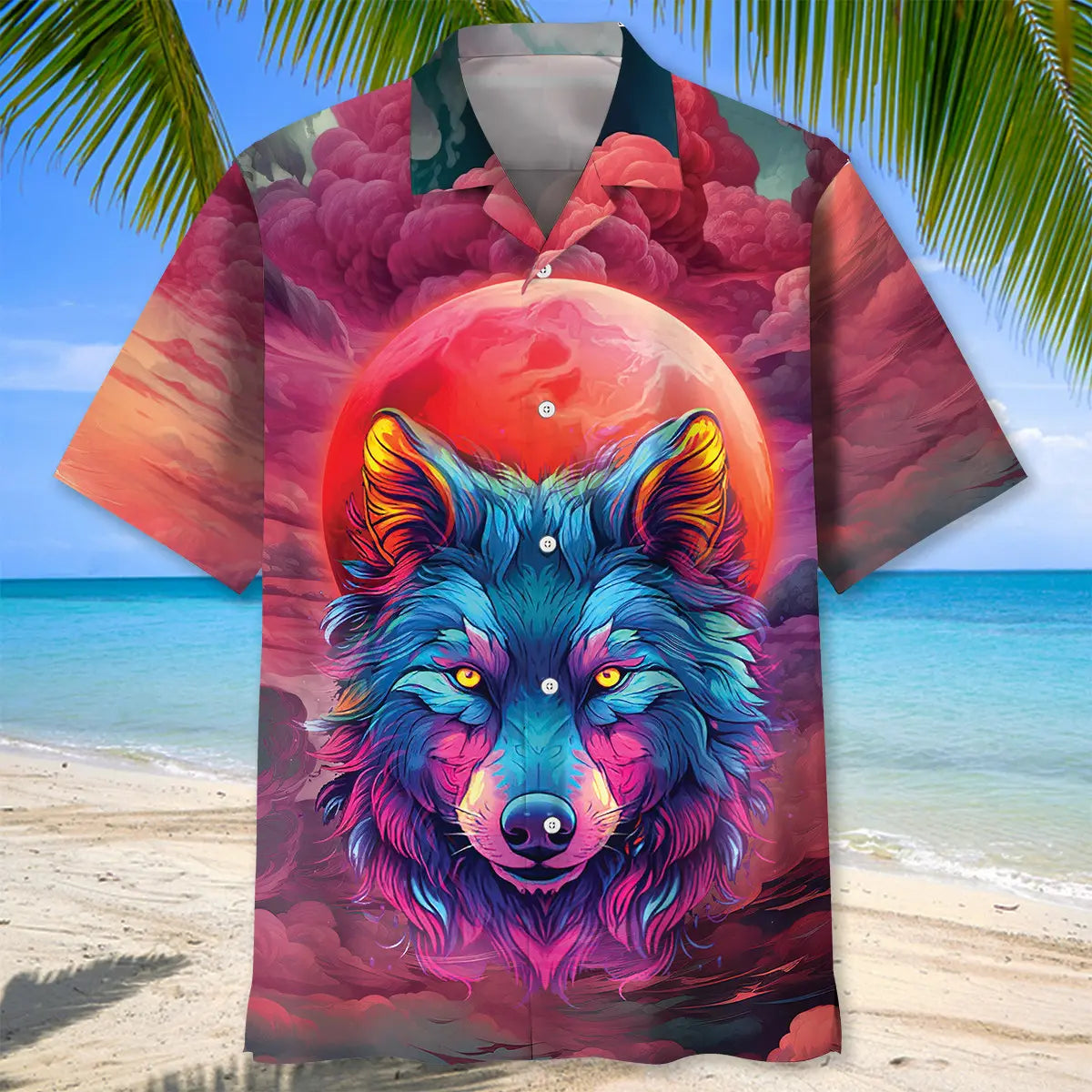 Wolf Moon Hawaiian Shirt For Summer Vacation, Beach Travel, And Casual Wear