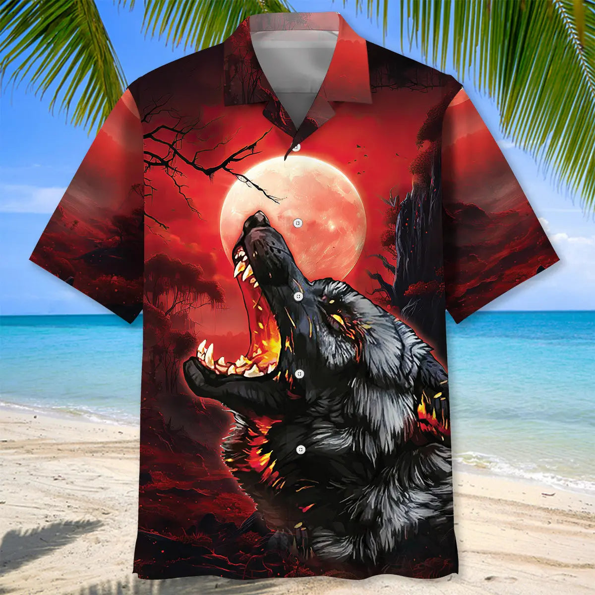 Wolf Red Moon Hawaiian Shirt For Nature Fans, Resort Trips, And Comfortable Warm Weather Wear