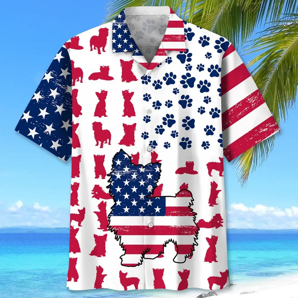 American Yorkie Flag Hawaiian Shirt For Summer Vacation, Beach Travel, And Casual Wear