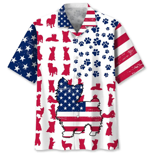 American Yorkie Flag Hawaiian Shirt For Summer Vacation, Beach Travel, And Casual Wear