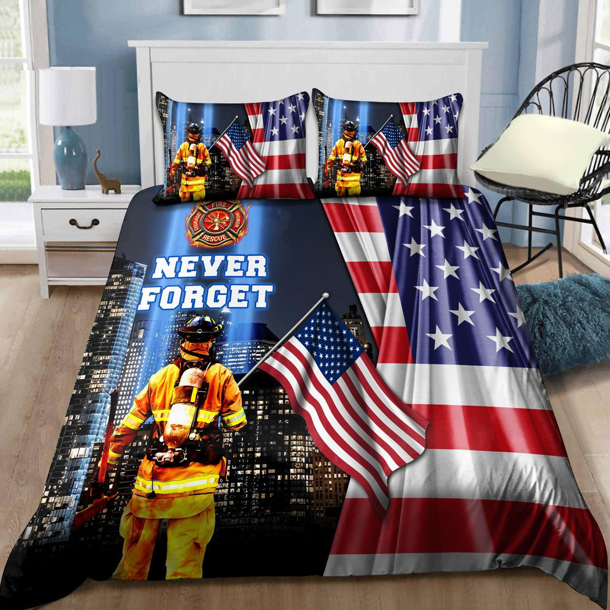 Firefighter Never Forget America Bedding Cover For Firefighter Bedroom Decor