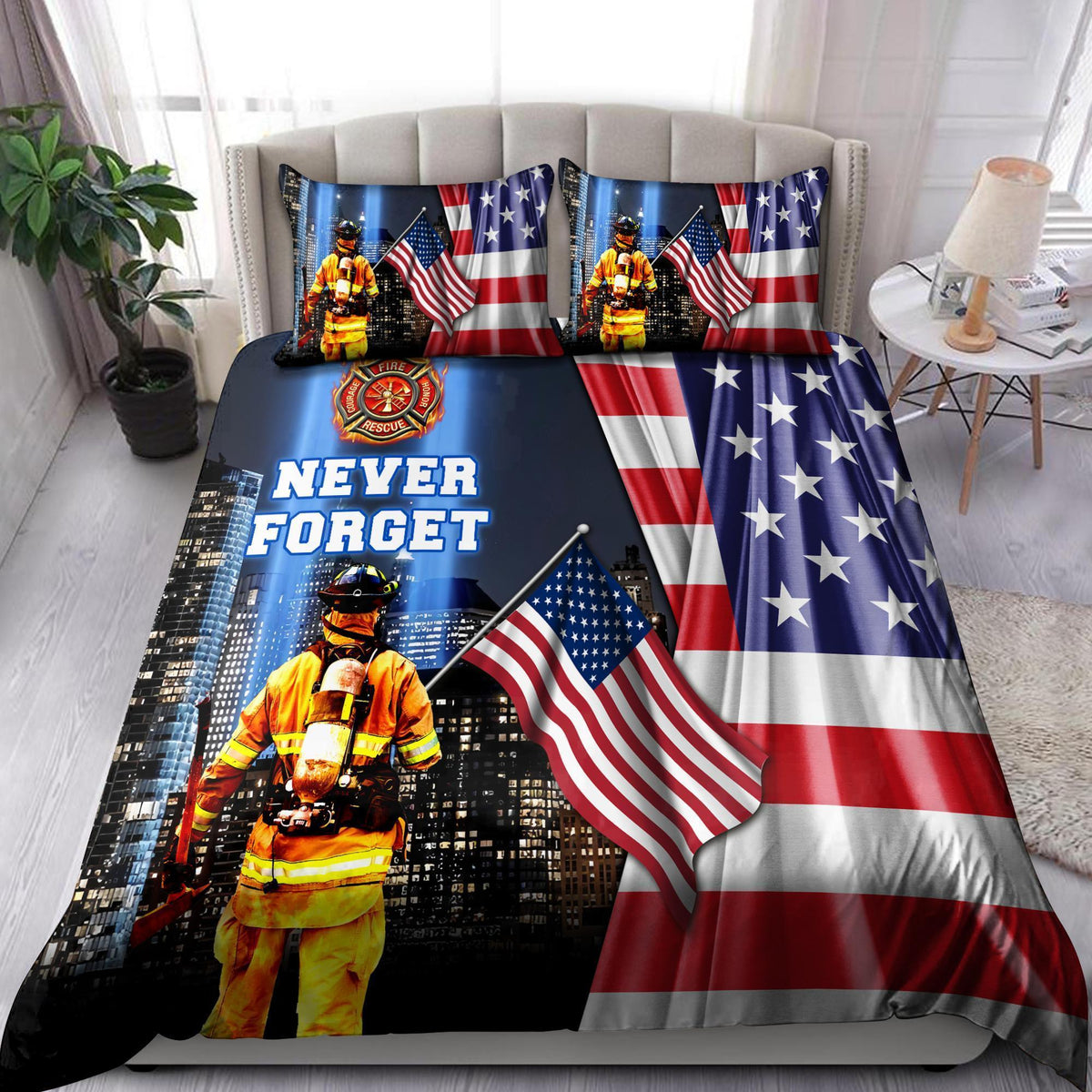 Firefighter Never Forget America Bedding Cover For Firefighter Bedroom Decor
