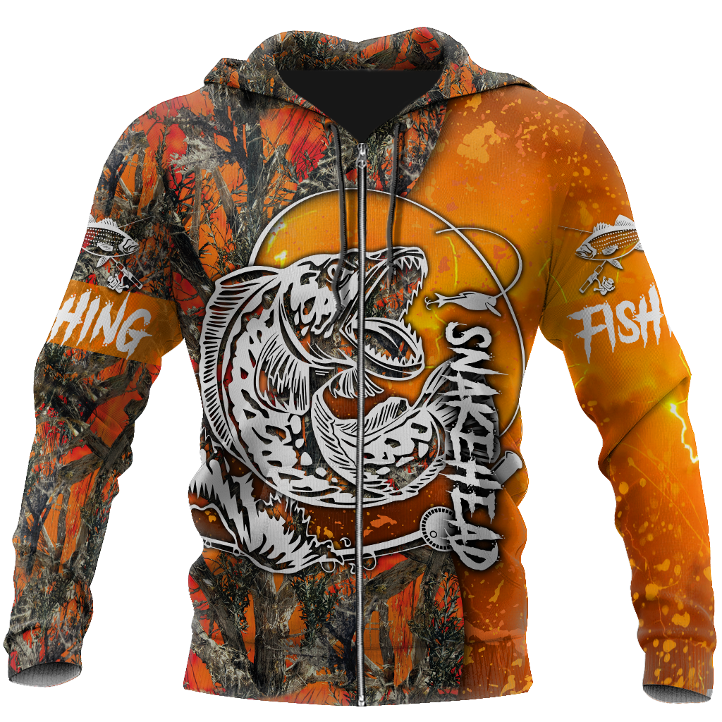 Orange Snakehead Fishing Camo Hoodie For Angling Enthusiasts Travel Days And Relaxed Daily Wear