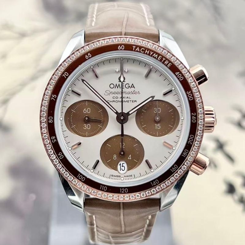 Omega Speedmaster Co-Axial Chronograph 38mm Diamond Steel And Rose Gold Brown Leather Unisex Watch 324.28.38.50.02.002 38mm