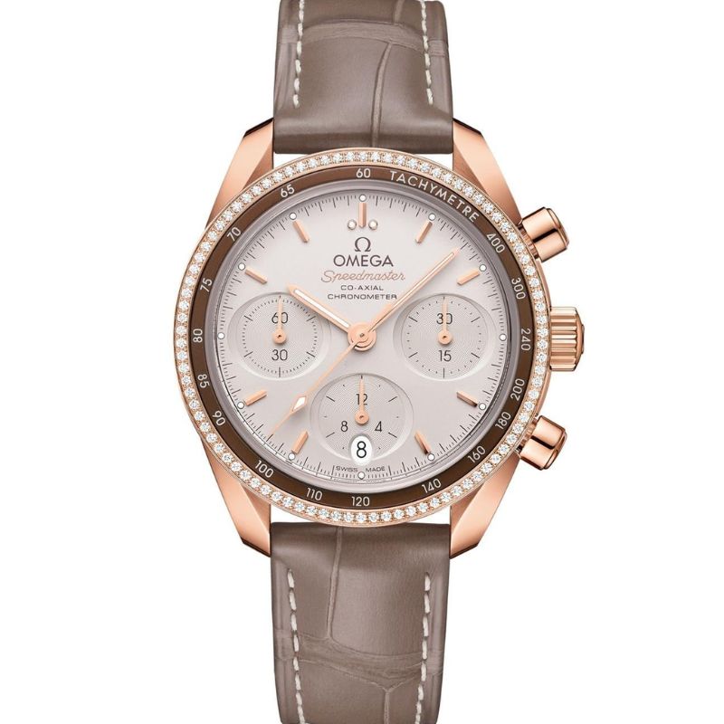 Omega Speedmaster Co-Axial Chronometer Chronograph 38mm Silver Dial Diamond Rose Gold Leather Strap Women's Watch 324.68.38.50.02.003 38mm